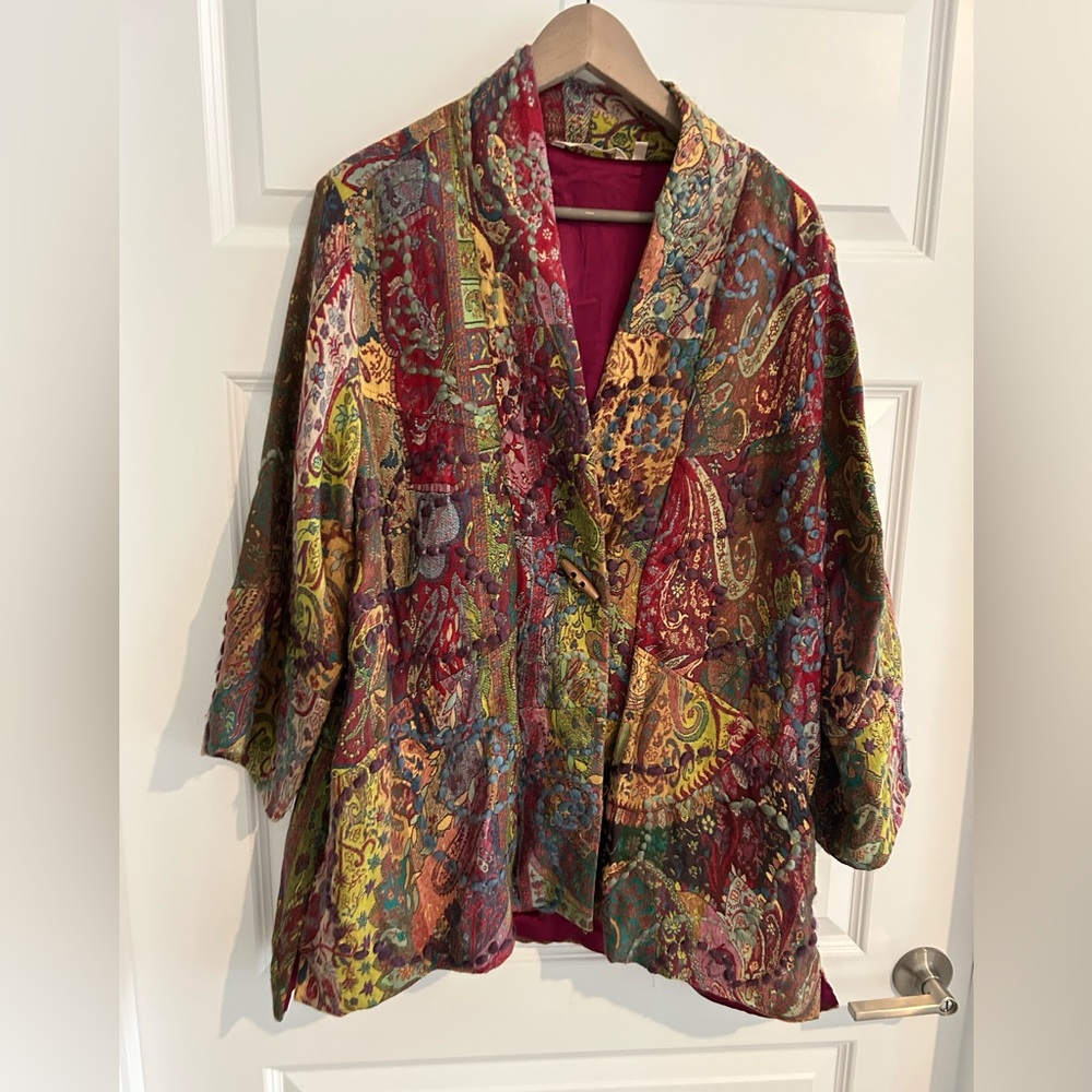 Soft Surroundings Embroidered Tapestry Jacket Red Green Multi Size XL